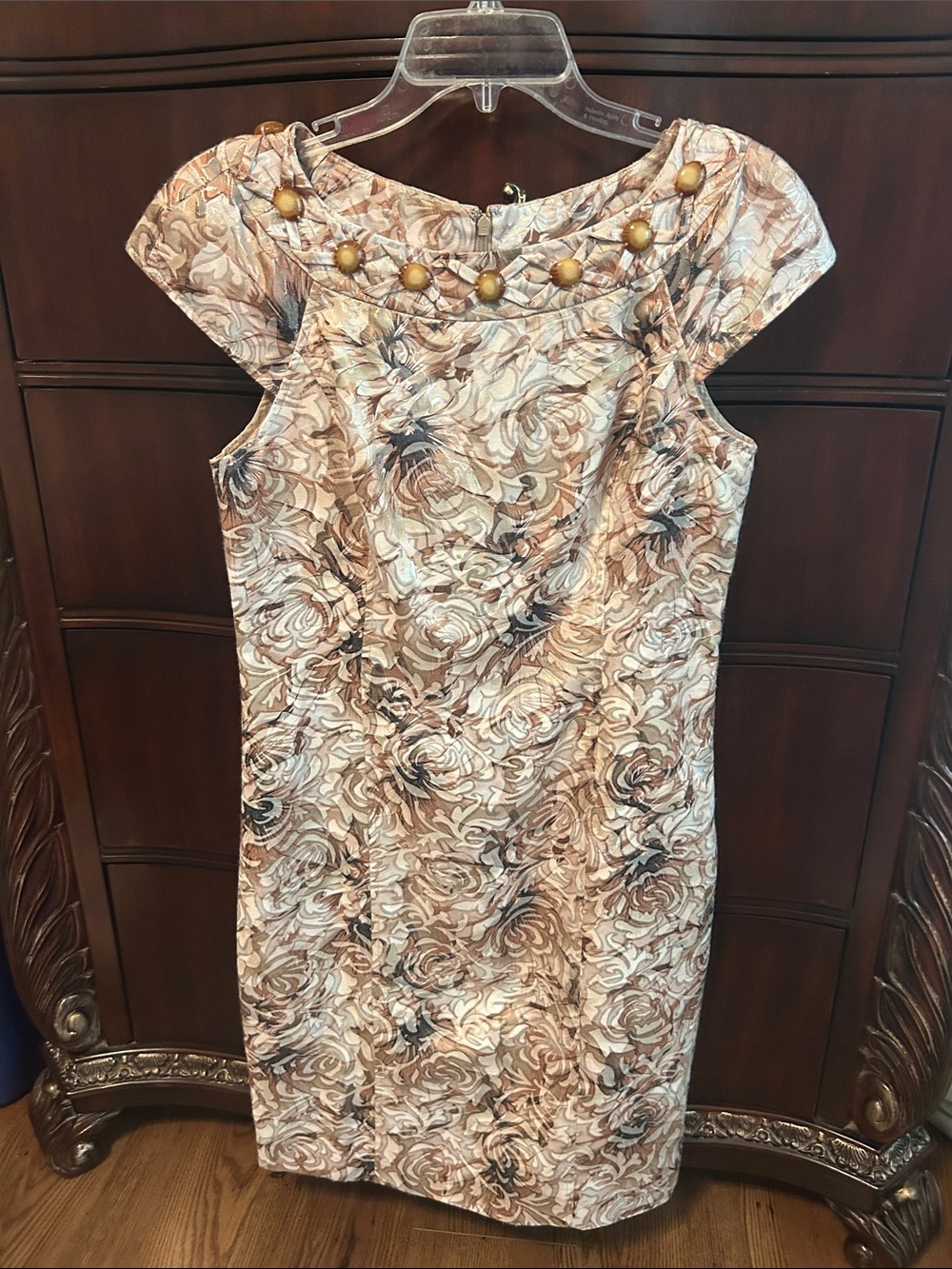 Madison Floral Jacquard Midi Dress in Beige and Taupe